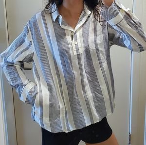NWOT navy & white striped linen blouse, S